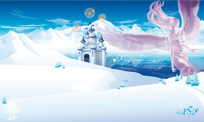 Обои горы, зима, замок, аниме, ангел, mountains, winter, castle, anime, angel разрешение 2557x1600 Загрузить