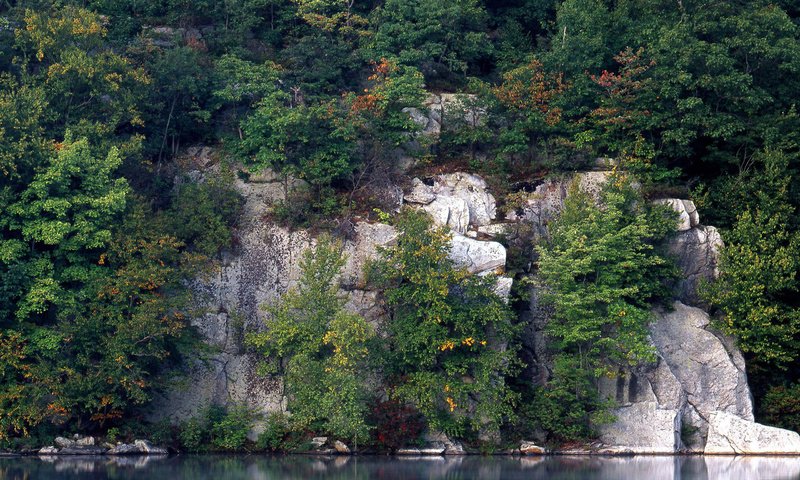 Обои деревья, вода, скалы, отражение, trees, water, rocks, reflection разрешение 2560x1920 Загрузить