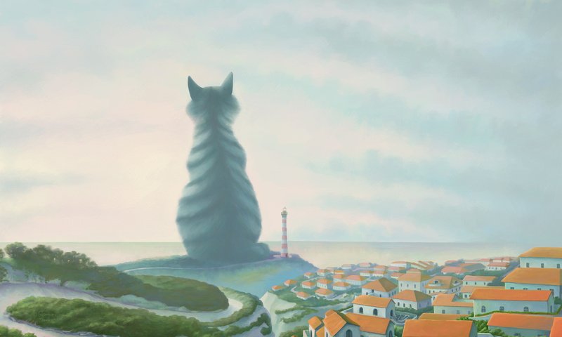 Обои кот, маяк, город, великан, cat, lighthouse, the city, giant разрешение 1920x1200 Загрузить