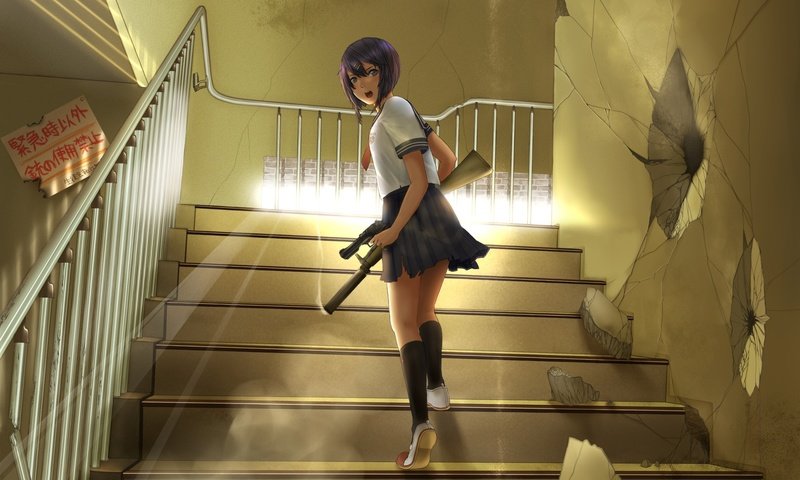 Обои оружие, пистолет, школьница, бежит, лестнице, weapons, gun, schoolgirl, runs, ladder разрешение 2428x1719 Загрузить