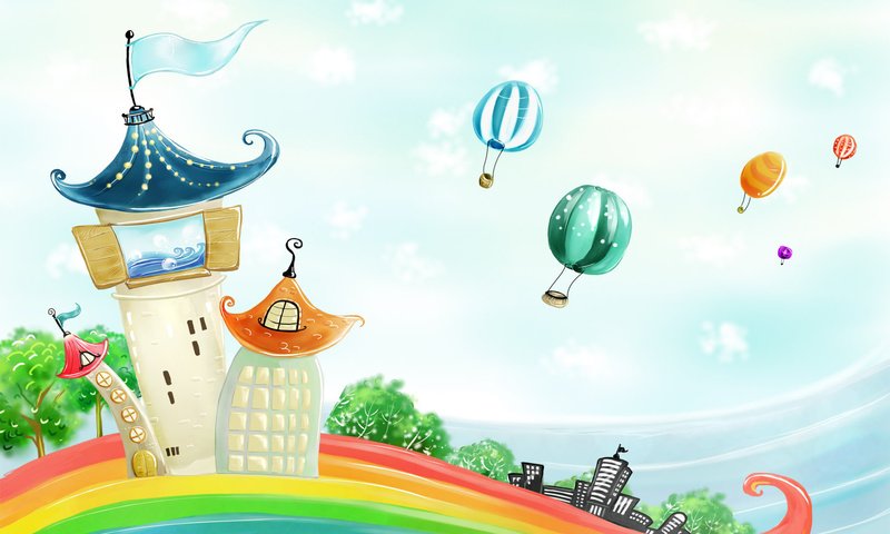 Обои домики, радуга, воздушные шары, houses, rainbow, balloons разрешение 1920x1200 Загрузить