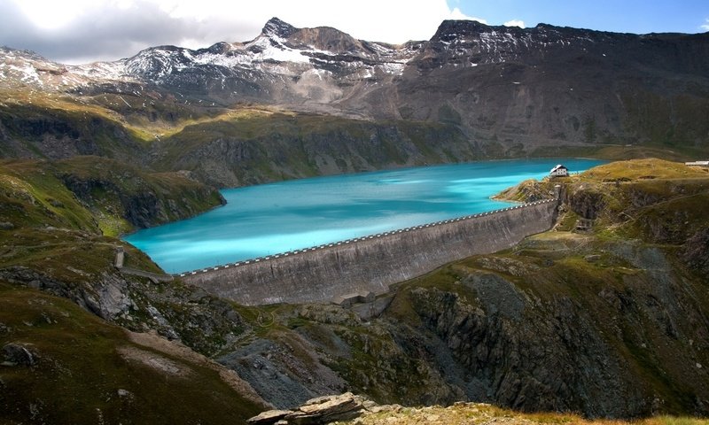 Обои озеро, горы, скалы, дамба, плотина, запруда, lake, mountains, rocks, dam разрешение 1920x1080 Загрузить