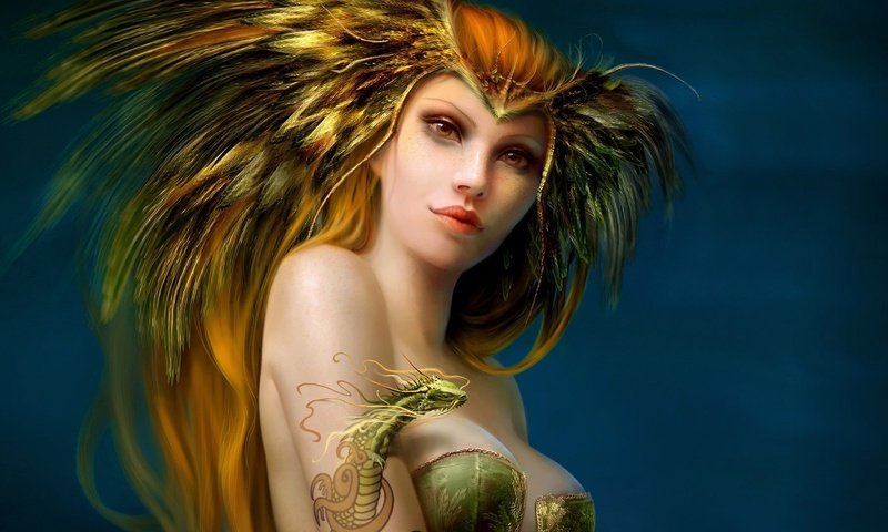 Обои дракон, фэнтези, девушки, тату, волосы, перья, benita winckler - io, dragon, fantasy, girls, tattoo, hair, feathers разрешение 1920x1080 Загрузить