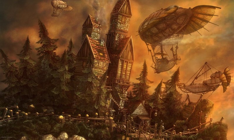 Обои замок, ognian bonev, the outpost, дирижабли, castle, airships разрешение 1920x1200 Загрузить