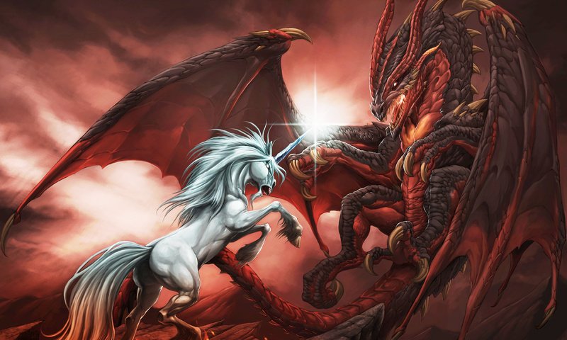 Обои дракон, бой, рисунки, единорог, mythology, огненная, dragon, battle, drawings, unicorn, fire разрешение 2800x2100 Загрузить