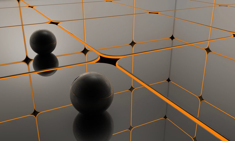 Обои шары, отражение, черный, оранжевый, balls, reflection, black, orange разрешение 2560x1440 Загрузить