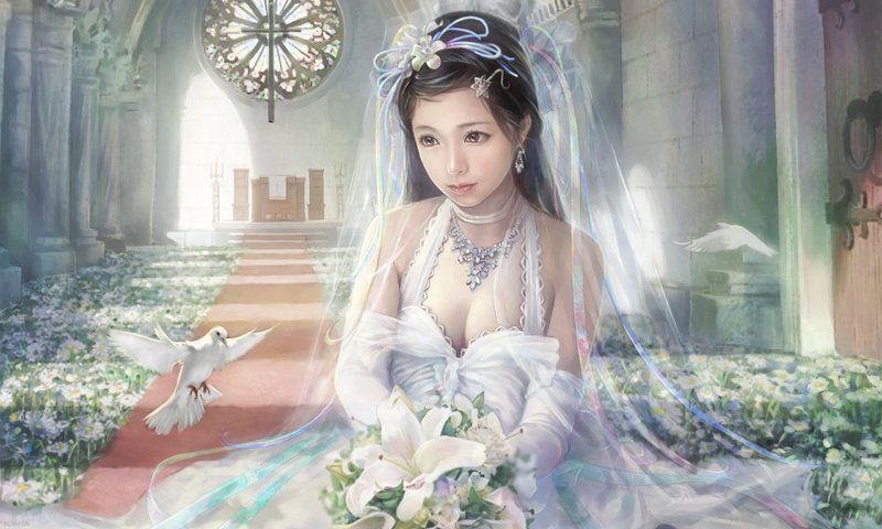 Обои цветы, девушка, красота, букет, i-chen lin, невеста, голуби, flowers, girl, beauty, bouquet, the bride, pigeons разрешение 2560x1600 Загрузить