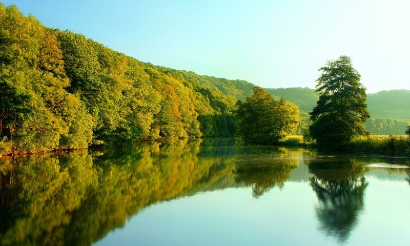 Обои небо, деревья, река, отражение, the sky, trees, river, reflection разрешение 2560x1600 Загрузить