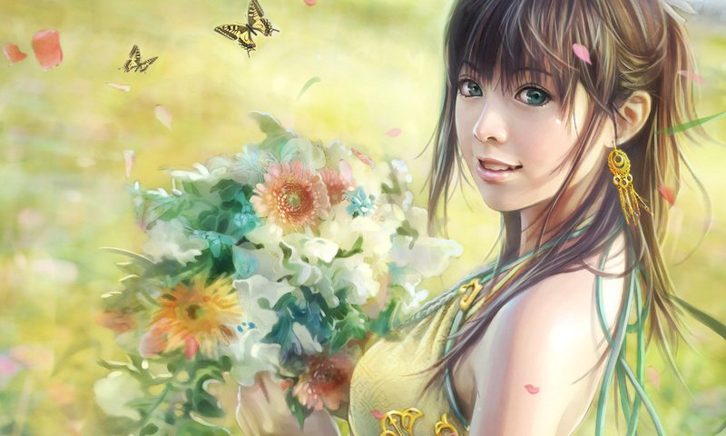 Обои цветы, рисунок, букет, бабочки, i-chen lin, flowers, figure, bouquet, butterfly разрешение 1920x1200 Загрузить