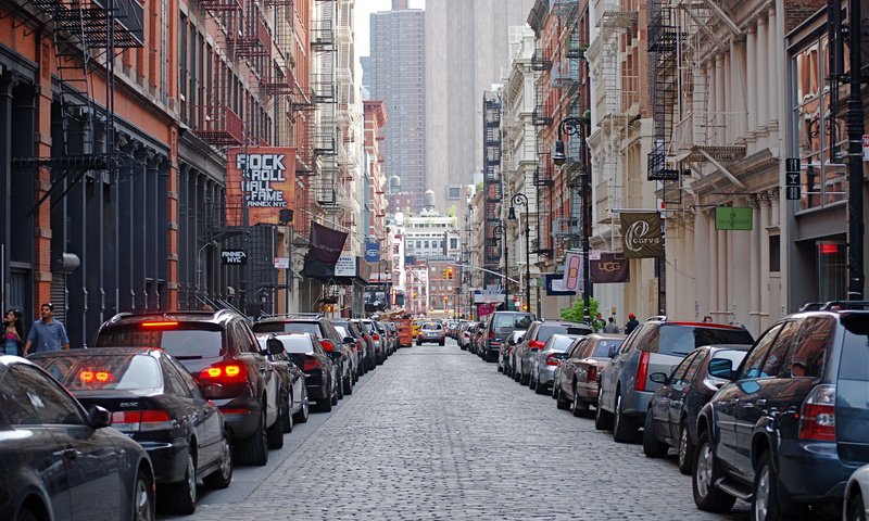 Обои улица, машины, здания, mercer street, soho, new york city, street, machine, building разрешение 1920x1200 Загрузить