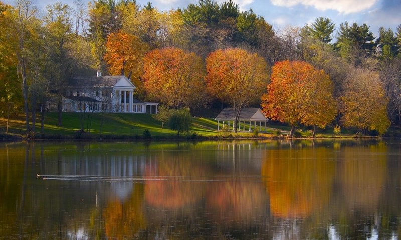 Обои деревья, вода, река, сад, дома, беседка, утка, тишь, trees, water, river, garden, home, gazebo, duck, quiet разрешение 2000x1333 Загрузить