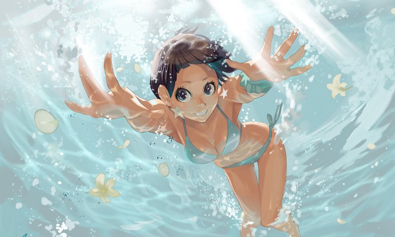 Обои вода, настроение, море, аниме, девочка, water, mood, sea, anime, girl разрешение 2000x1415 Загрузить