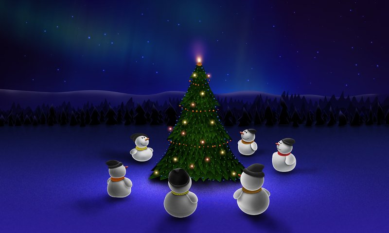 Обои ночь, новый год, елка, синий, снеговики, night, new year, tree, blue, snowmen разрешение 2560x1600 Загрузить