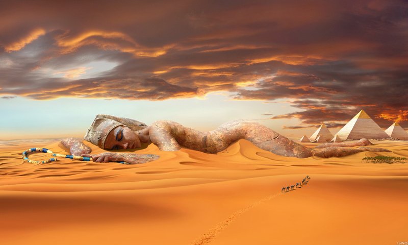 Обои песок, пустыня, статуя, дюны, караван, верблюды, пирамиды, sand, desert, statue, dunes, caravan, camels, pyramid разрешение 1920x1080 Загрузить