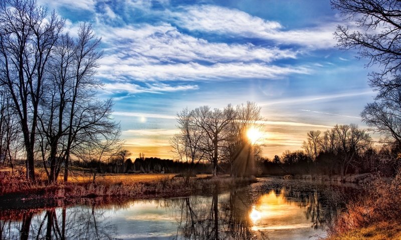 Обои деревья, река, закат, весна, берега, trees, river, sunset, spring, bank разрешение 1920x1200 Загрузить