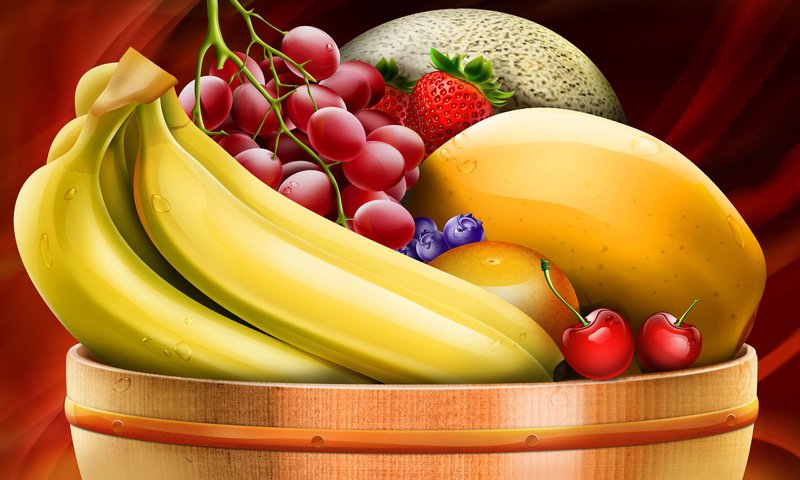 Обои виноград, бананы, миска с фруктами, grapes, bananas, a bowl of fruit разрешение 1920x1200 Загрузить