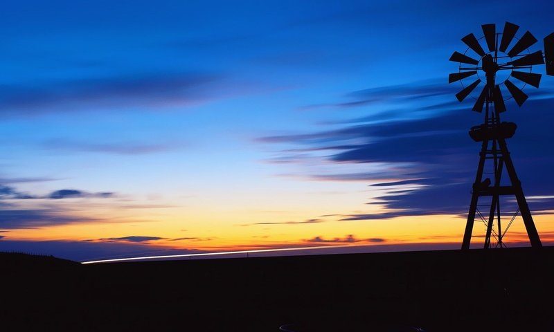 Обои вечер, закат, ветряк, the evening, sunset, windmill разрешение 2560x1024 Загрузить