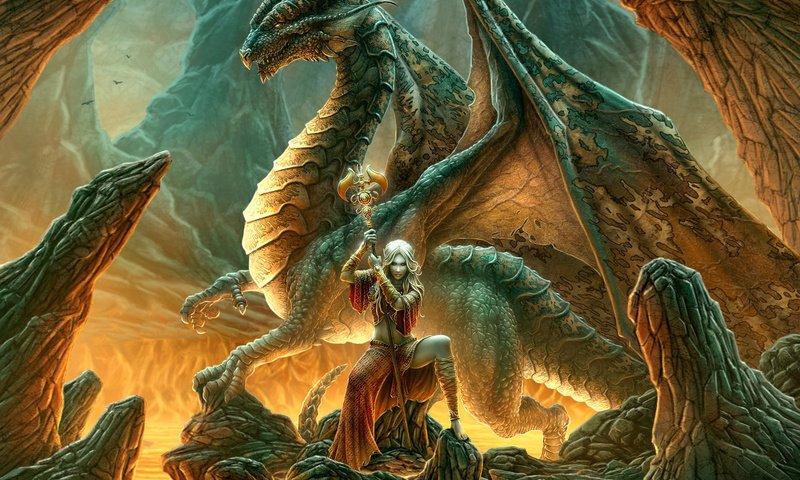 Обои девушка, фентези, дракон, эльфийка, жезл, kerem beyit - dragon mage, girl, fantasy, dragon, elf, rod разрешение 1920x1200 Загрузить