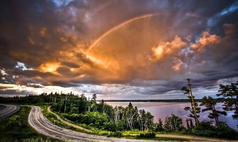 Обои дорога, облака, деревья, радуга, road, clouds, trees, rainbow разрешение 1920x1200 Загрузить