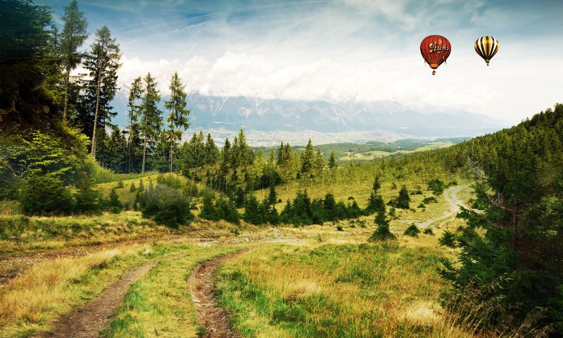 Обои дорога, горы, лес, воздушные шары, road, mountains, forest, balloons разрешение 1920x1200 Загрузить