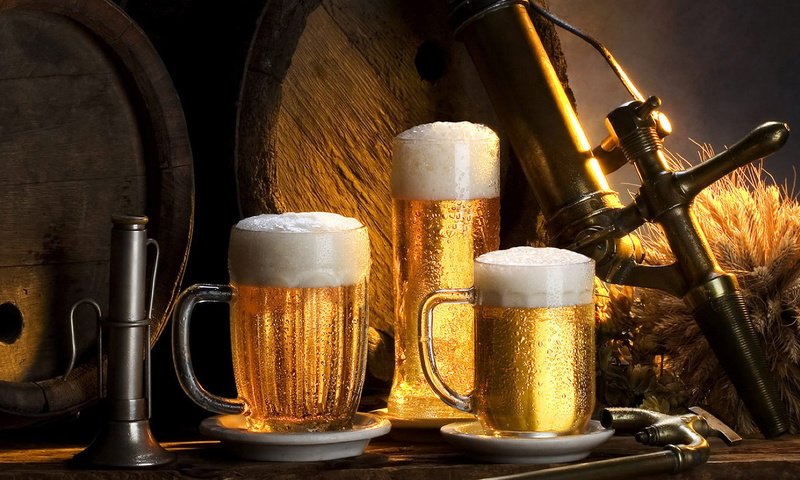 Обои пиво, бочки, хмель, пивные кружки, beer, barrels, hops, beer mugs разрешение 1920x1080 Загрузить