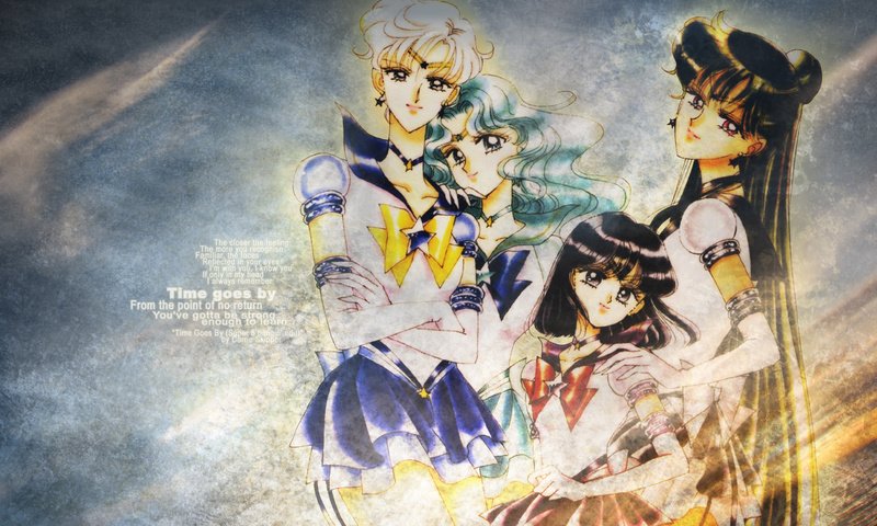 Обои kaiou michiru, meiou setsuna, sailor moon, tenou haruka, tomoe hotaru, watermark разрешение 1920x1200 Загрузить