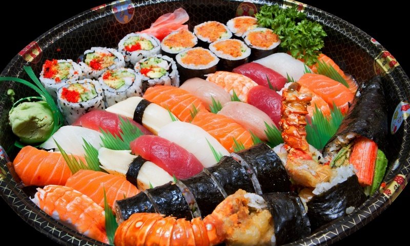 Обои рыба, икра, суши, роллы, морепродукты, креветки, ассорти, fish, caviar, sushi, rolls, seafood, shrimp, cuts разрешение 1920x1200 Загрузить