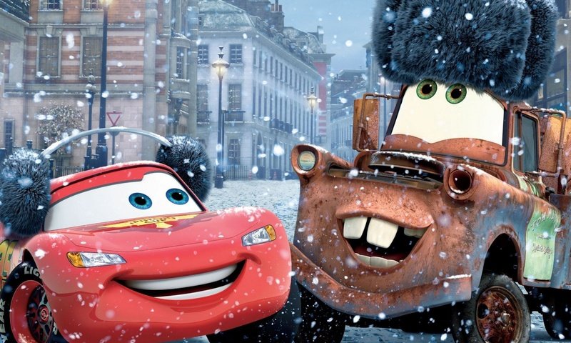 Обои снег, зима, мультфильм, тачки-2, cars2, молния маккуин, мэтр, snow, winter, cartoon, cars-2, lightning mcqueen, mater разрешение 1920x1200 Загрузить