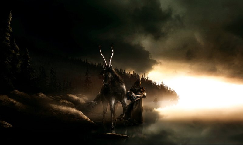 Обои мрак, тучи, девушка, мужик, рога, конь, the darkness, clouds, girl, man, horns, horse разрешение 1920x1080 Загрузить