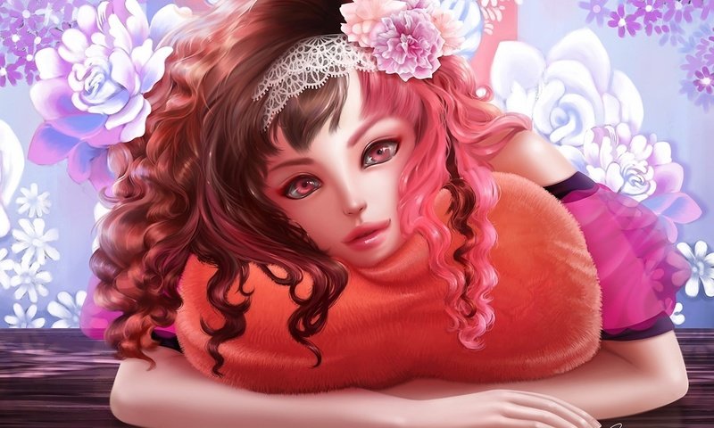 Обои цветы, арт, девушка, кудри, волосы, лицо, подушка, кружево, flowers, art, girl, curls, hair, face, pillow, lace разрешение 1920x1392 Загрузить