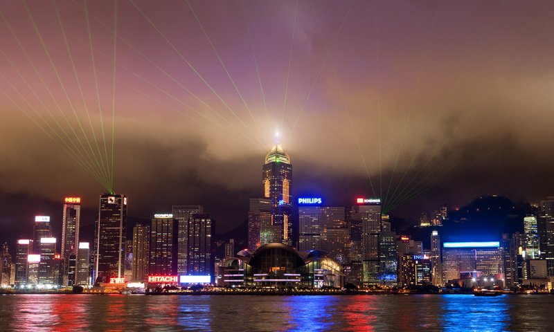 Обои огни, вода, небоскребы, гонконг, lights, water, skyscrapers, hong kong разрешение 5345x3563 Загрузить