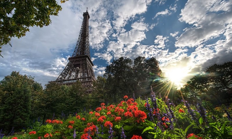 Обои небо, цветы, солнце, лето, париж, эйфелева башня, the sky, flowers, the sun, summer, paris, eiffel tower разрешение 4928x3352 Загрузить