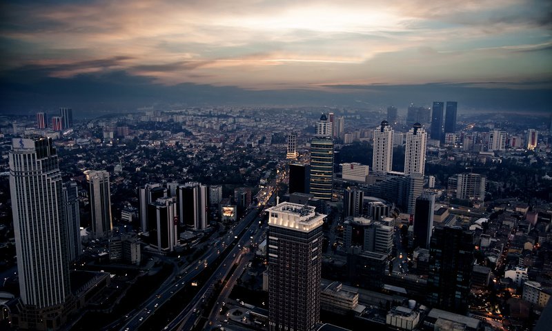 Обои вечер, город, небоскребы, дома, сумерки, улицы, the evening, the city, skyscrapers, home, twilight, street разрешение 1920x1200 Загрузить