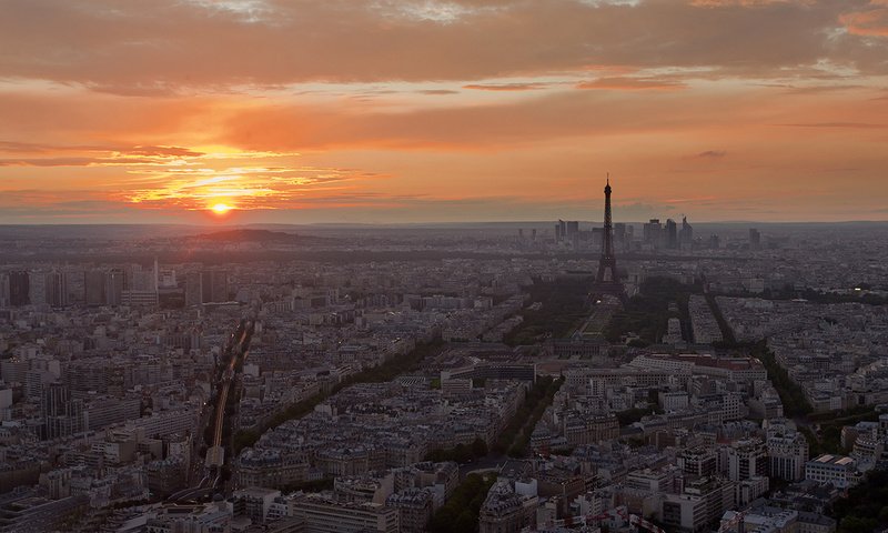 Обои закат, париж, эйфелева башня, вид с высоты, sunset, paris, eiffel tower, the разрешение 1920x1080 Загрузить