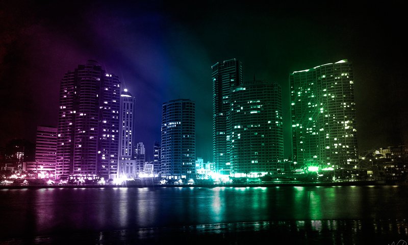 Обои свет, небоскребы, залив, ночной город, light, skyscrapers, bay, night city разрешение 1920x1200 Загрузить