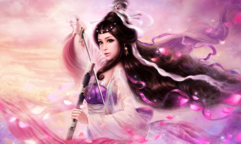 Обои арт, розовый фон, девушка, кисти, меч, ruoxing zhang, ruoxing zhang - zhouzhiruo, лепестки, волосы, прическа, ленты, гейша, art, pink background, girl, brush, sword, petals, hair, hairstyle, tape, geisha разрешение 1920x1376 Загрузить