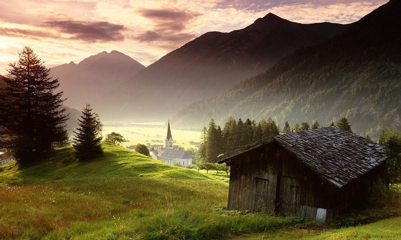 Обои трава, горы, деревня, австрия, альпы, grass, mountains, village, austria, alps разрешение 1920x1200 Загрузить