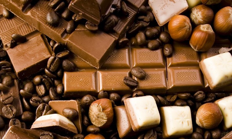 Обои орехи, кофе, шоколад, кофейные зерна, фундук, nuts, coffee, chocolate, coffee beans, hazelnuts разрешение 1920x1200 Загрузить