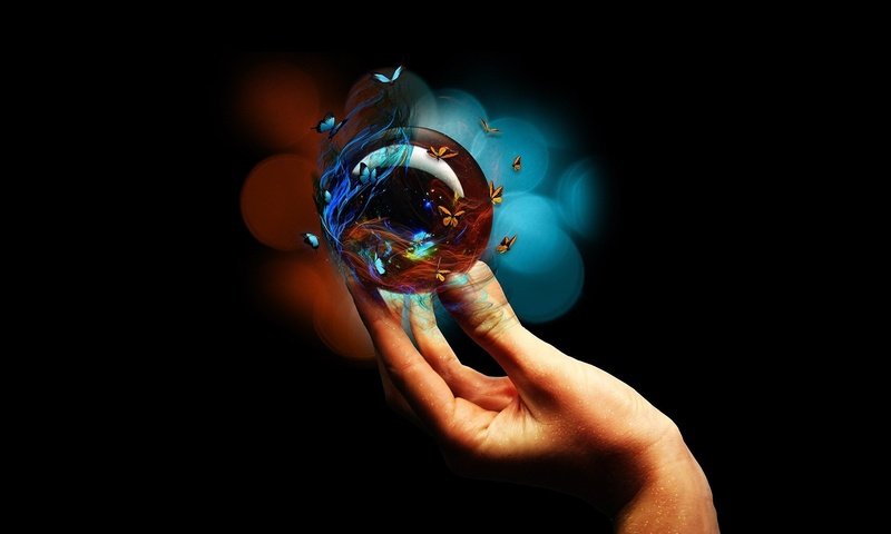 Обои рука, черный фон, бабочки, пальцы, стеклянный шар, hand, black background, butterfly, fingers, glass globe разрешение 1920x1200 Загрузить