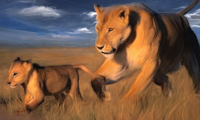 Обои львица, львёнок, саванна, lioness, lion, savannah разрешение 1920x1080 Загрузить