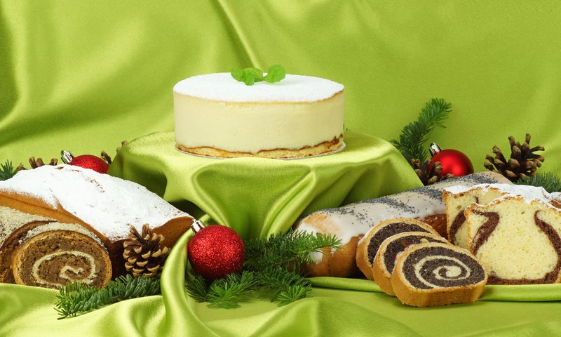 Обои праздник, выпечка, торт, десерт, рулет, рулеты, новогодние сладости, holiday, cakes, cake, dessert, roll, rolls, christmas sweets разрешение 2560x1600 Загрузить