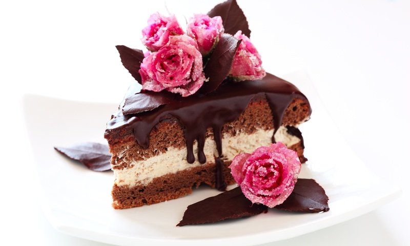 Обои крем для торта, кусочек, розы, шоколад, сладкое, сахар, торт, десерт, глазурь, cream cake, piece, roses, chocolate, sweet, sugar, cake, dessert, glaze разрешение 2560x1600 Загрузить