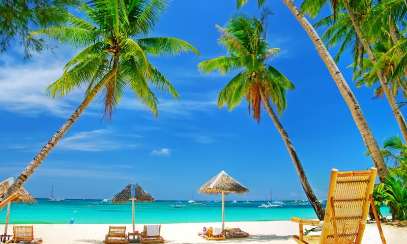 Обои песок, пляж, лодки, пальмы, тропики, sand, beach, boats, palm trees, tropics разрешение 3000x1690 Загрузить