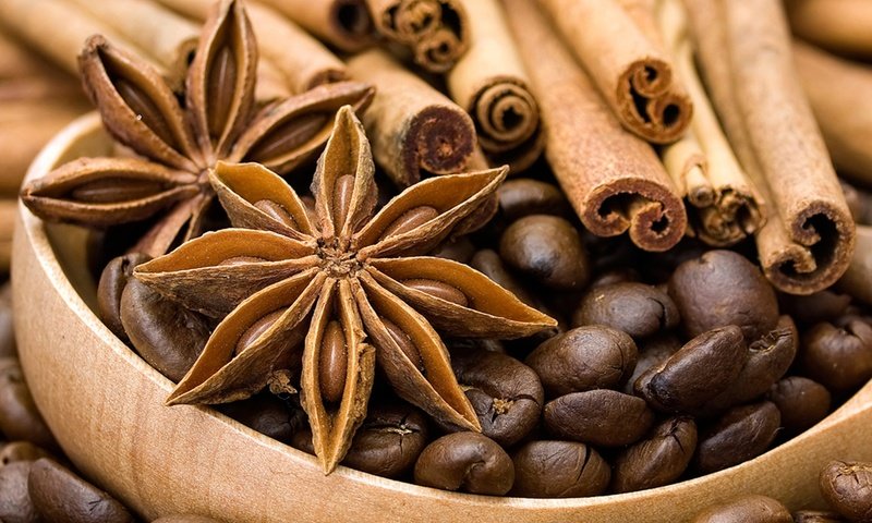 Обои корица, кофейные зерна, специи, пряности, приправы, бадьян, cinnamon, coffee beans, spices, seasoning, star anise разрешение 1920x1200 Загрузить