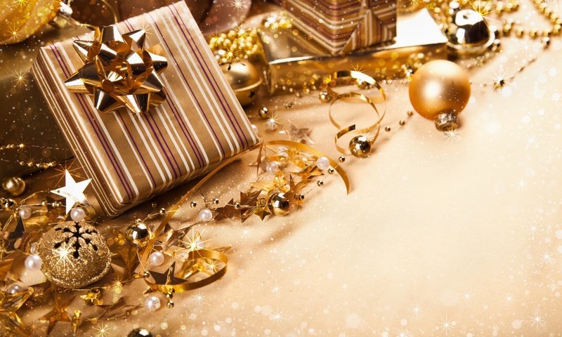 Обои новый год, подарки, шарики, игрушки, ленты, коробки, золотистые, банты, new year, gifts, balls, toys, tape, box, golden, bows разрешение 2880x1800 Загрузить
