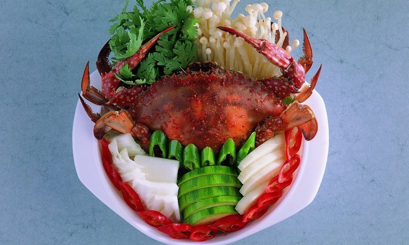 Обои зелень, грибы, овощи, краб, морепродукты, блюда из крабов, greens, mushrooms, vegetables, crab, seafood, crab dishes разрешение 3000x2179 Загрузить