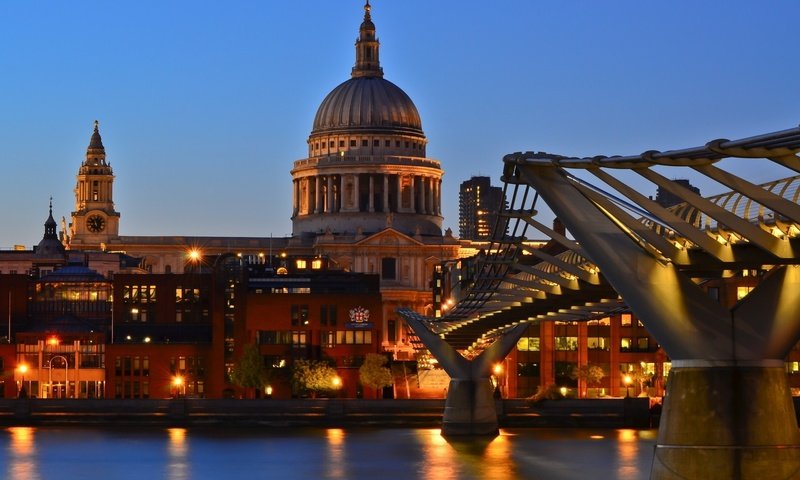 Обои великобритания, лондон, темза, англия, сумерки, st pauls cathedral, собор святого павла, мост тысячелетия, uk, london, thames, england, twilight, st. paul's cathedral, millennium bridge разрешение 1920x1080 Загрузить