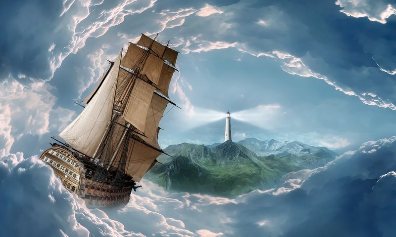 Обои арт, облака, маяк, корабль, aбстракции, 3д, парусные корабли, art, clouds, lighthouse, ship, abstraction, 3d, sailing ships разрешение 1920x1080 Загрузить