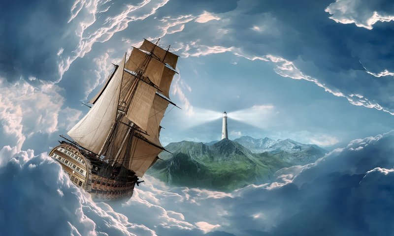 Обои арт, облака, маяк, корабль, aбстракции, 3д, парусные корабли, art, clouds, lighthouse, ship, abstraction, 3d, sailing ships разрешение 1920x1200 Загрузить