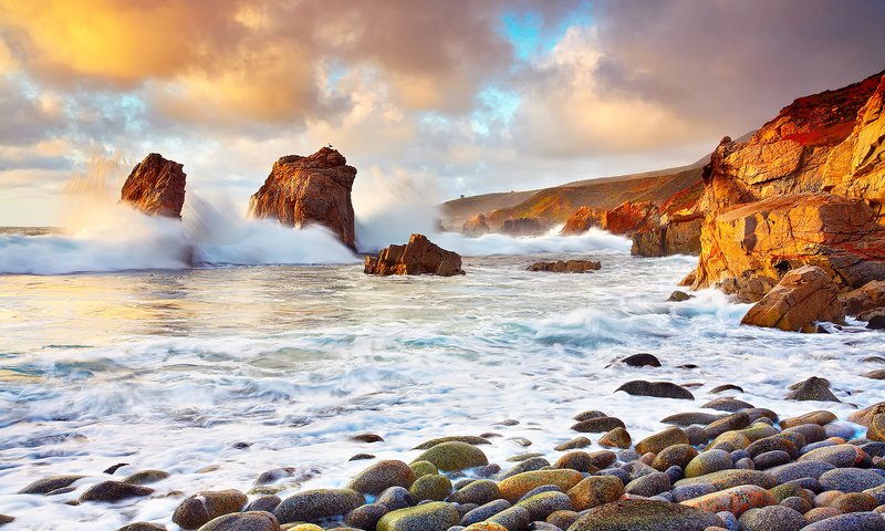 Обои облака, скалы, камни, волны, океан, сша, калифорния, clouds, rocks, stones, wave, the ocean, usa, ca разрешение 1920x1200 Загрузить